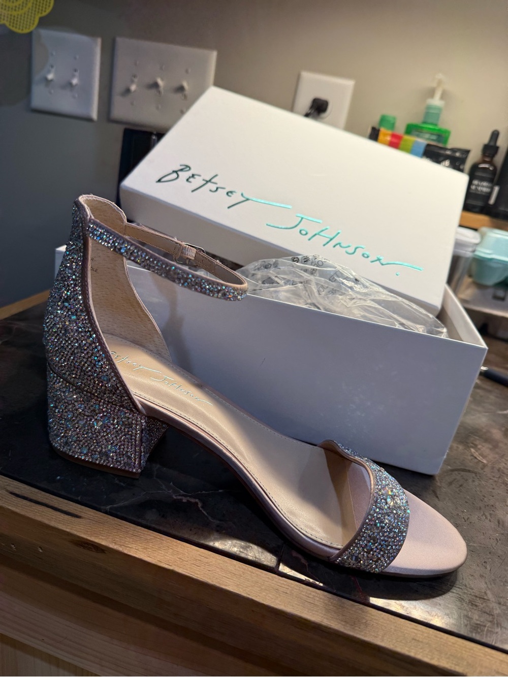 Betsey Johnson Rose Pink Glitter Crystal Block Heel Sandals